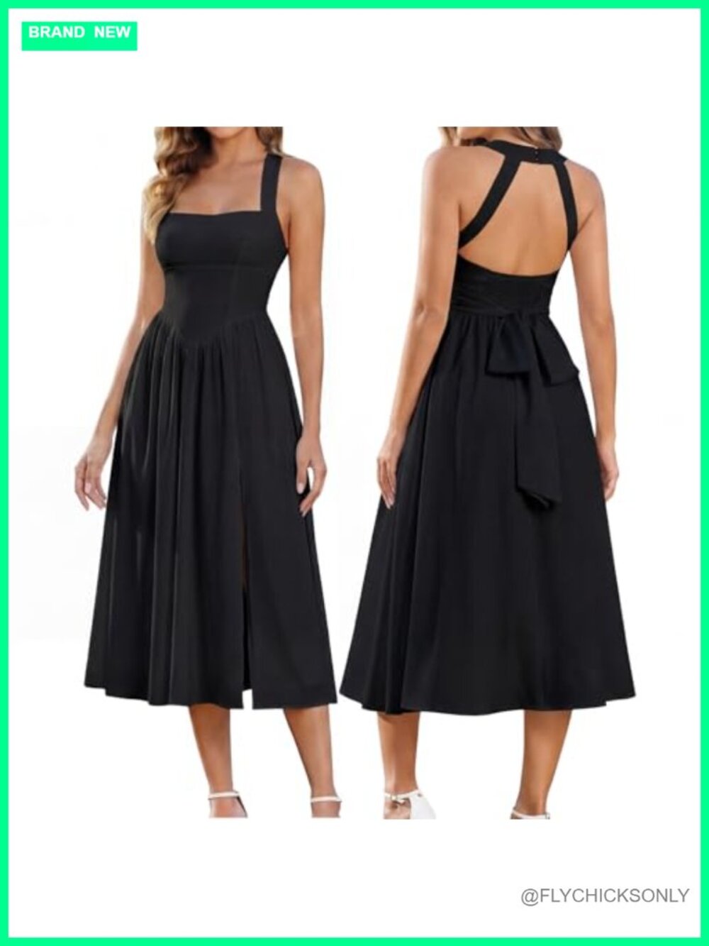 Halter Midi Corset Dress Bow Tie Back Smocked A-Line Split Wedding Guest